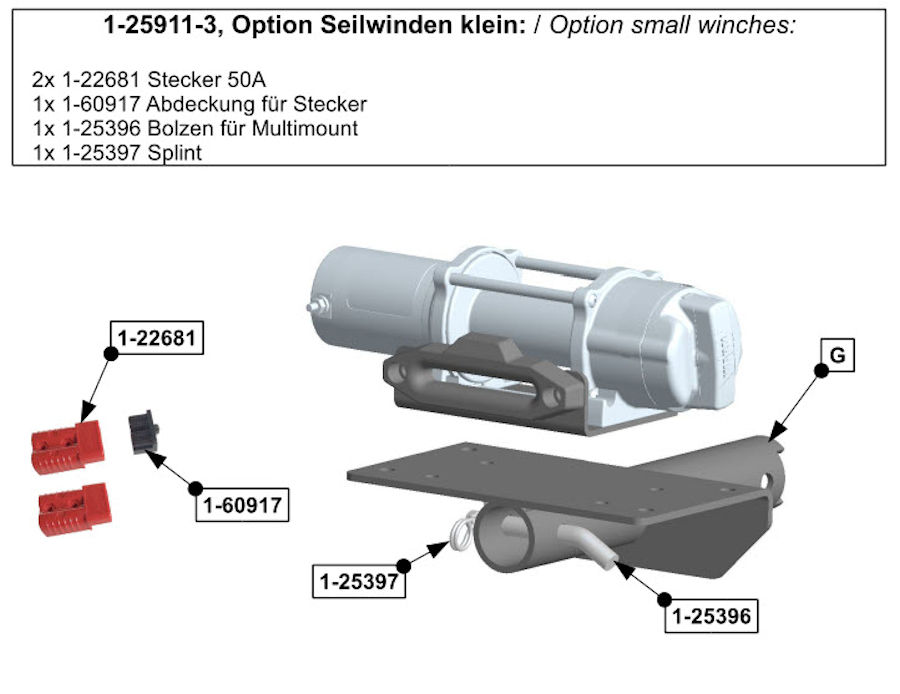 Option kleine Seilwinden für Hidden Multi-Mount, inkl Bolzen und Stecker Option kleine Seilwinden für Hidden Multi-Mount, inkl Bolzen und Stecker